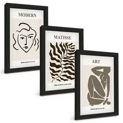 BILDER SET 3er Set - 20x30 cm Schwarzer Rahmen - Stilvolle Grafiken, Linien, Zeichen