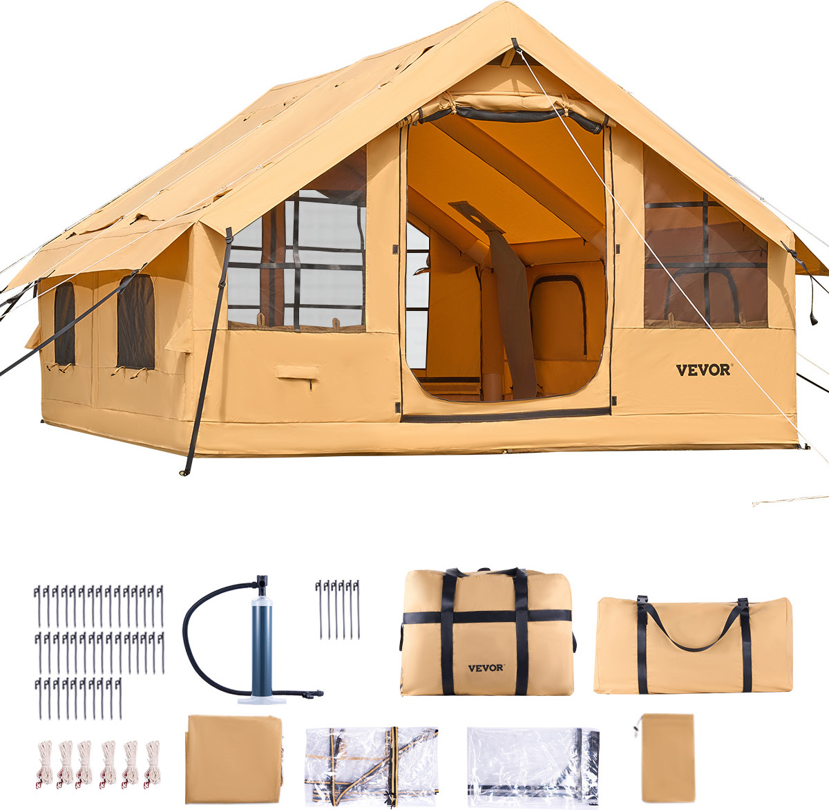 VEVOR Aufblasbares Zelt für Camping, 5-8 Personen Zelt mit Handpumpe, 4x3x2,2 m Glamping-Zelt mit 2 Oberlichtern, Baldachin, Ofenanschluss, 2 Türen, Netzfenstern & Aufbewahrungstasche