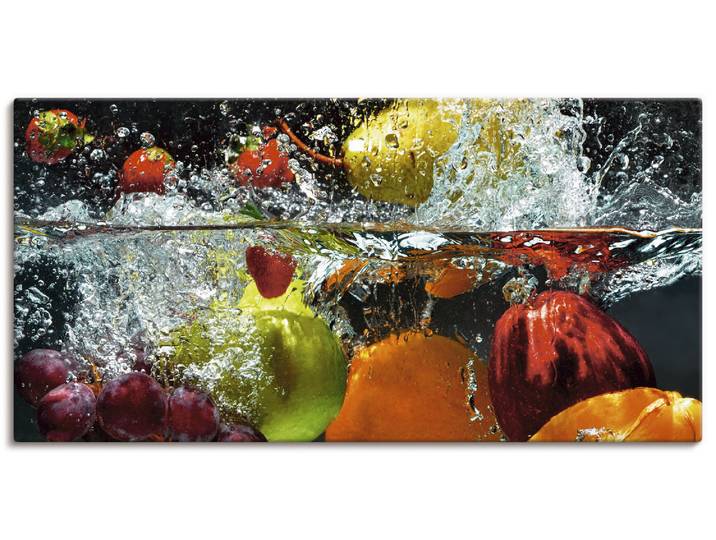 Leinwandbild ARTLAND Spritzendes Obst auf dem Wasser , bunt (farbe bild(er): bunt), B:100cm H:50cm, Bilder, Leinwandbild, auf Holzrahmen gespannt