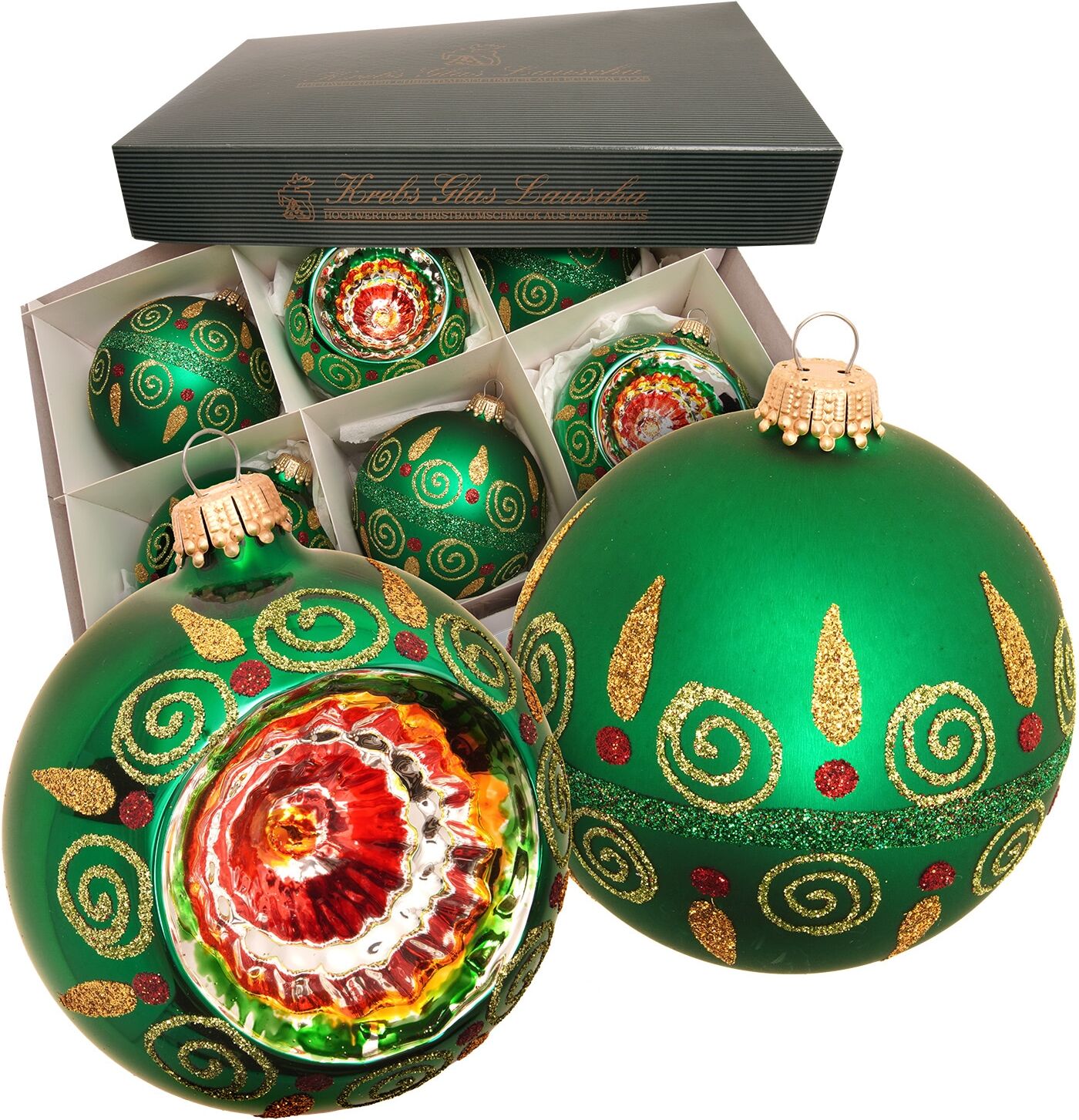 Weihnachtsbaumkugel KREBS GLAS LAUSCHA "Weihnachtskugel Reflex- und Kugelset Eva grün 8cm", grün, B:8cm H:8cm T:8cm Ø:8cm, Glas, Weihnachtsbaumkugeln, Weihnachtsbaumkugel, Dekoriert mit Liebe zum Detail