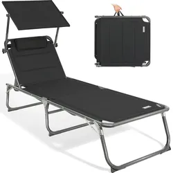 HOMECALL Klappbar-Gartenliege Sonnenliege Liegestuhl, Textilene Mit Dickem Schwamm, Mit Verstellbare Rückenlehne, bis 180KG, Schwarz