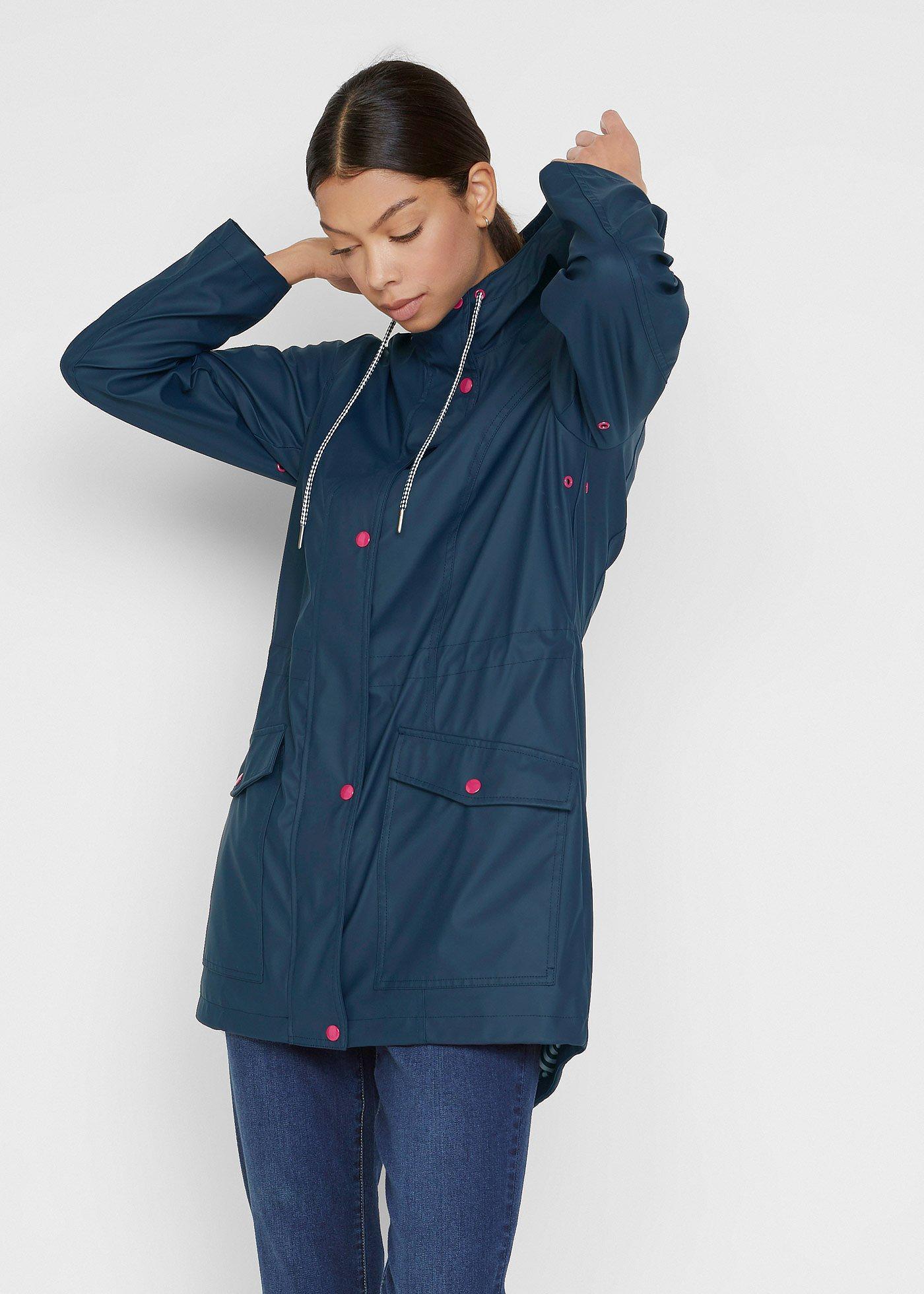 bonprix wasserabweisende Regenjacke, blau, Gr.44, Lange Regenjacke mit Kapuze, wasserabweisend