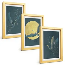 BILDER SET 3er Set - 20x30 cm Goldrahmen - Kraniche im Flug bei Nacht