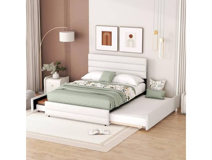 YuQozii 140 x 200 Plattformbett mit Ausziehbett für Zwei Personen und Zwei Schubladen (Beige)