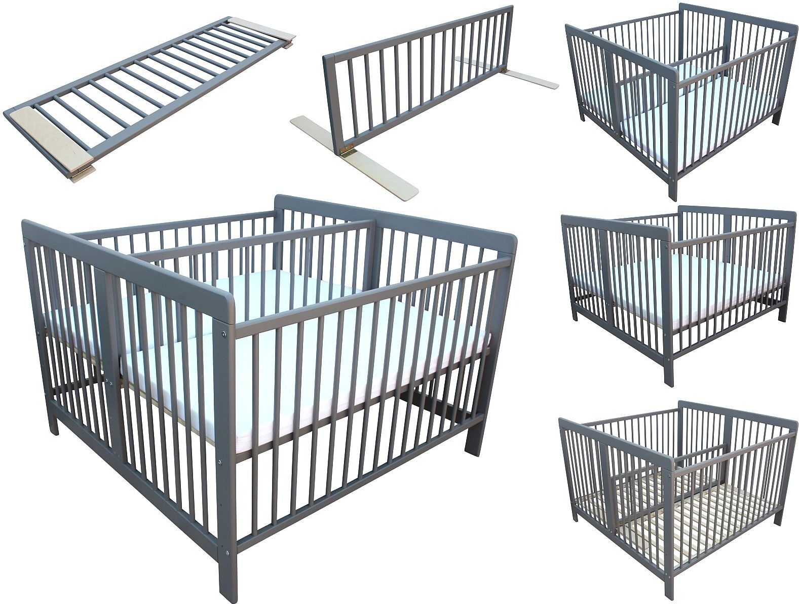 Zwillingsbett Kinderbett für Zwillinge 2in1 massiv grau mit 2 Matratzen 120x120 cm und Trenngitter