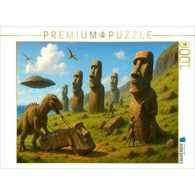 CALVENDO Puzzle Moai-Statuen - Dinos auf Baustellenkurs | 1000 Teile Lege-Größe 64x48cm Foto-Puzzle für glückliche Stunden