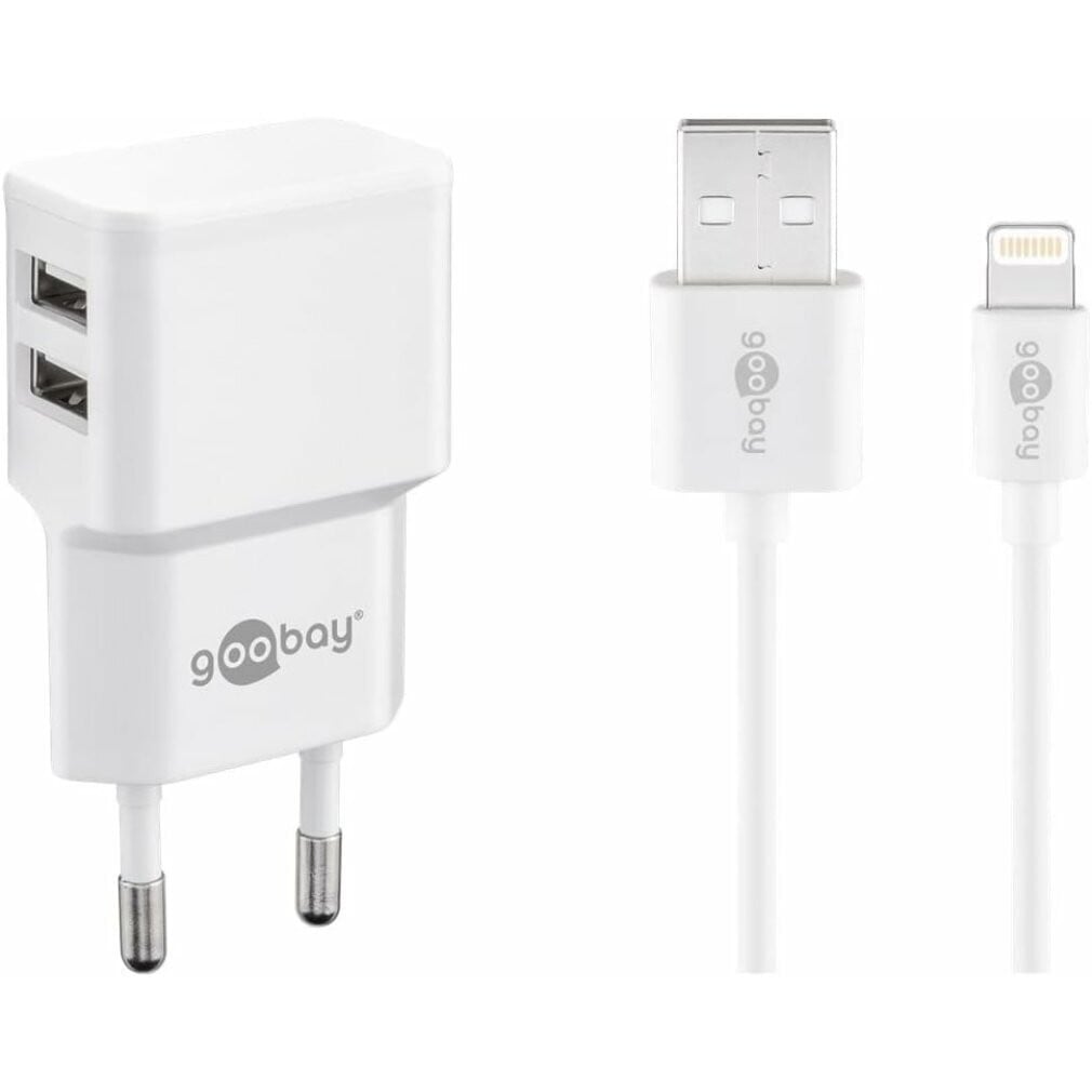 Goobay Apple Lightning Dubbele oplader met netadapter, 2 x USB-poorten en 1 m Lightning-kabel, wit