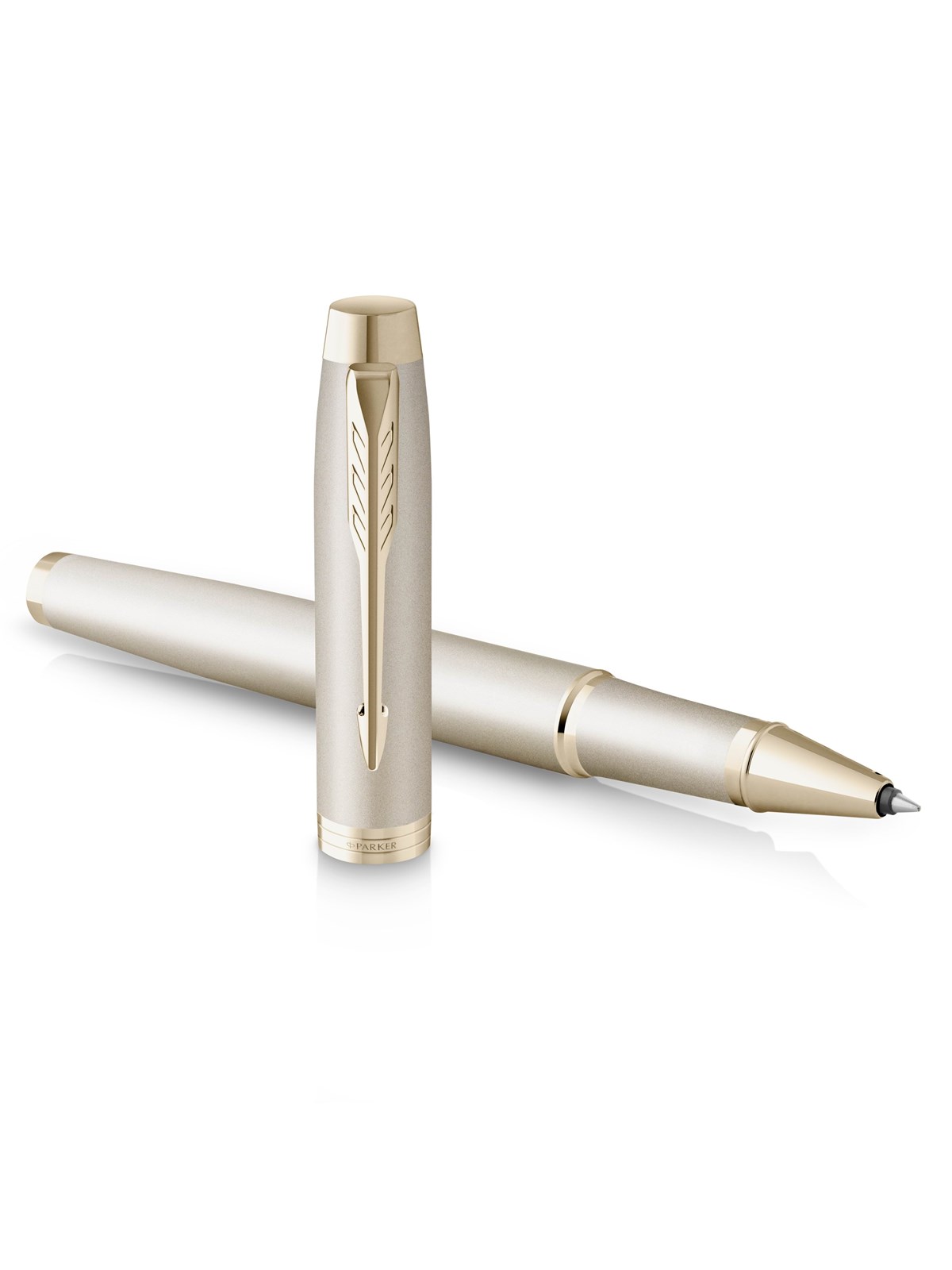 Parker IM Monochrome Rollerball | schwarze Tinte | Oberfläche und Zierteile in Champagnerfarben | feine Spitze | Geschenkbox