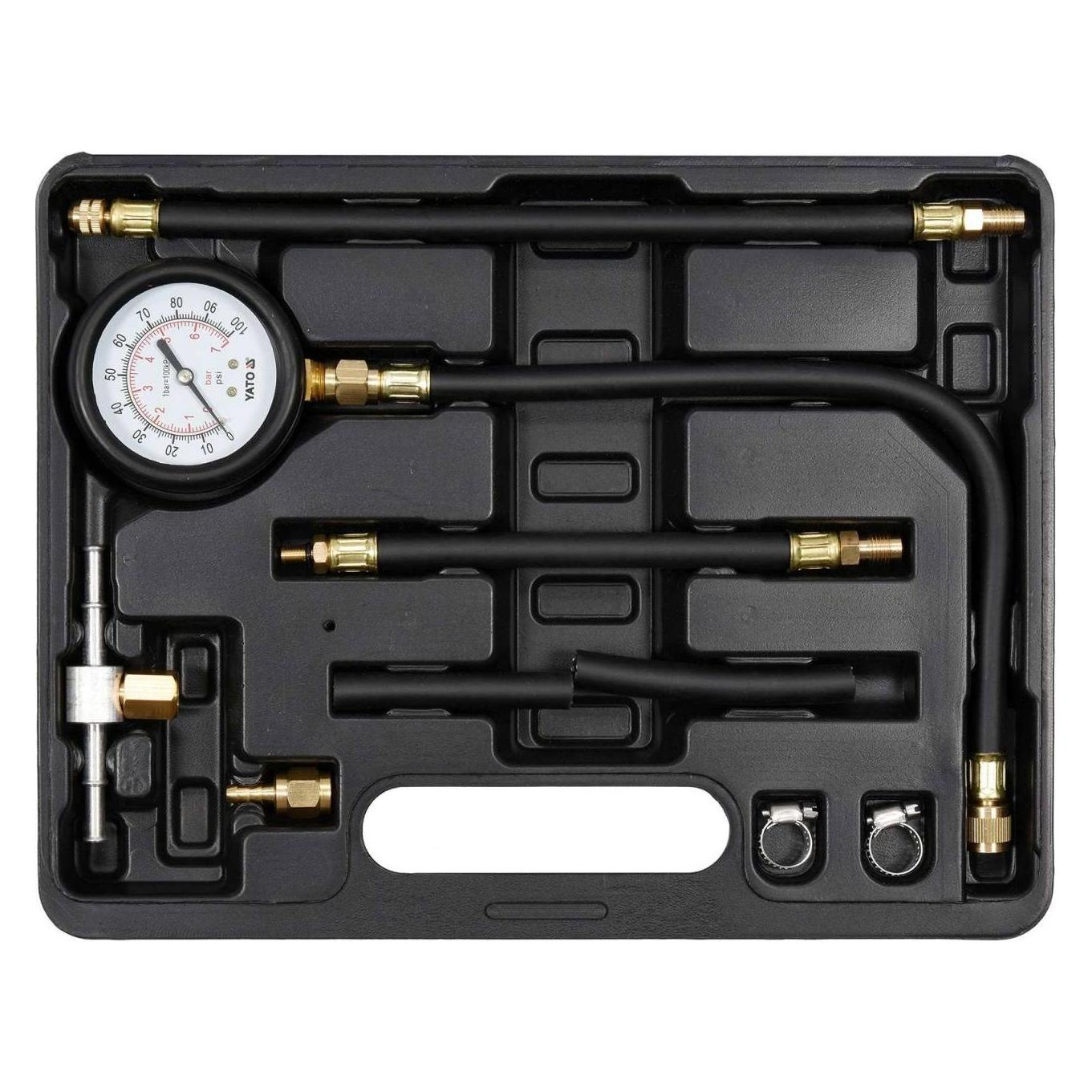 Yato Profi Benzin Druckprüfer Set 9 TLG, mit Manometer 0-100 psi / 0-7 Bar, Flexible Ablaufschläuche (YT-73024)