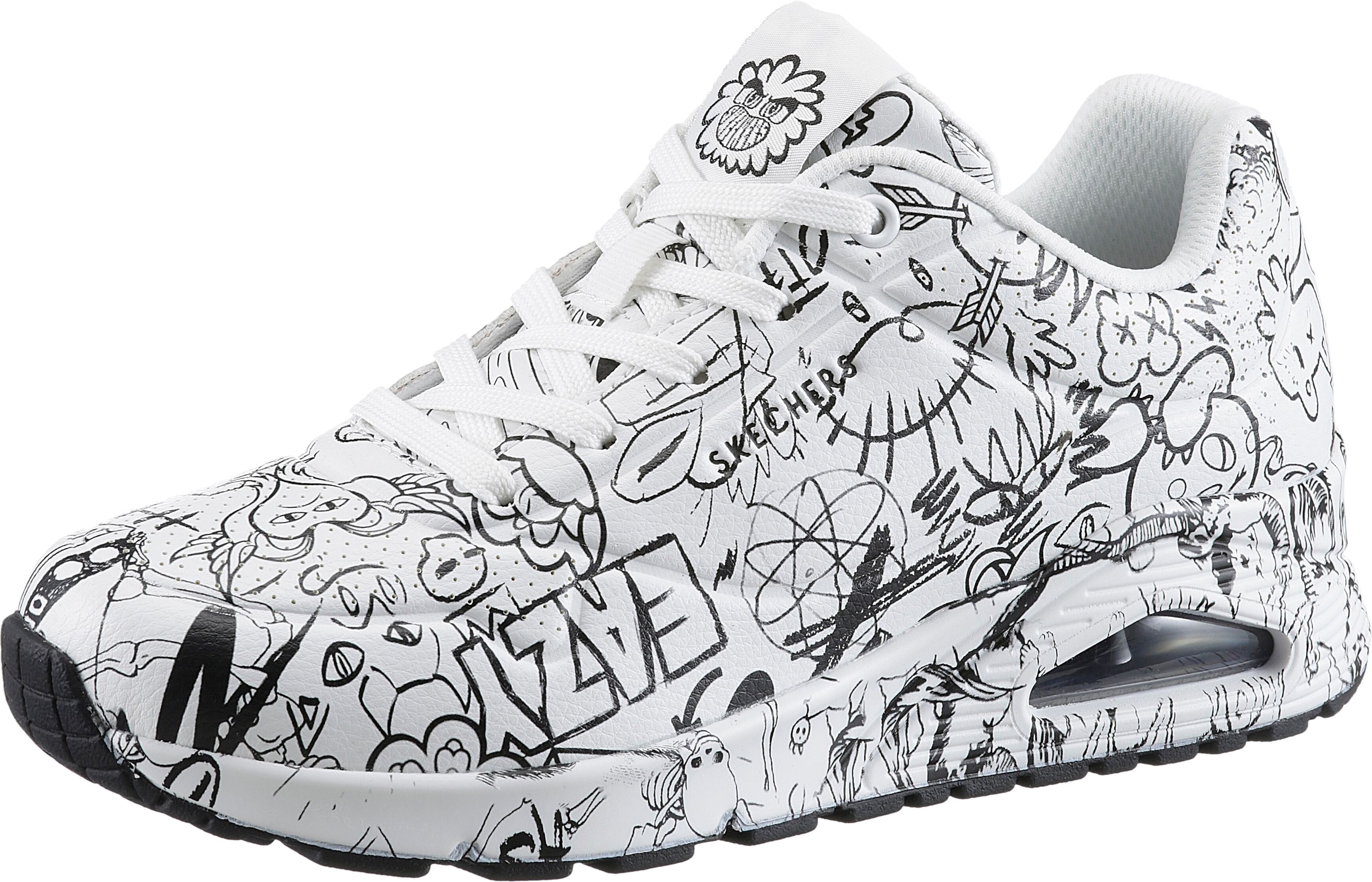 Sneaker SKECHERS "UNO-PROCESS SKETCH", Damen, Gr. 35, schwarz-weiss (weiß, schwarz), Lederimitat, Schuhe Sneaker, mit coolem Sketchprint, Freizeitschuh, Halbschuh, Schnürschuh weiß, schwarz 35