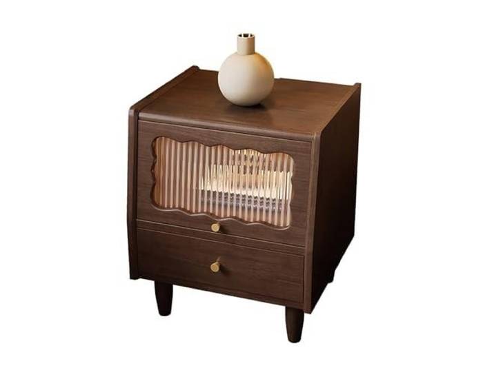 NWSJAXGCPVRT Kirschholz-Nachttisch mit 2 Türen, moderner Beistelltisch für Stabiler Massivholz-Schrank mit Rattan- oder Glastüren. Viel Stauraum(Walnut Color+glass Door)
