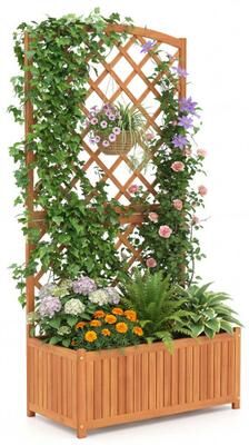 Costway Wooden Raised Garden Bed with Trellis 63 Inch Tall Garden Planter