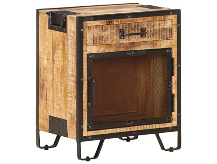 vidaXL Raues Mangoholz Massiv Nachttisch mit 1 Schublade 1 Stahlgittertür Nachtschrank Nachtkonsole Nachtkommode Schlafzimmer Kommode Schrank 43x30x51cm