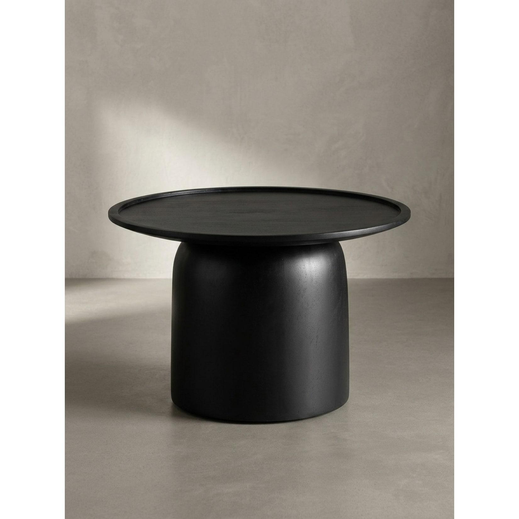 Couchtisch Rund Schwarz Mango Massivholz, 60x60x40 cm, Erhöhter Rand, Trommelgestell
