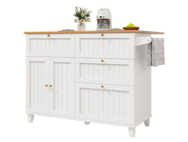 Îlot central de cuisine blanc – chariot de cuisine – MDF et métal – roulettes – extensible