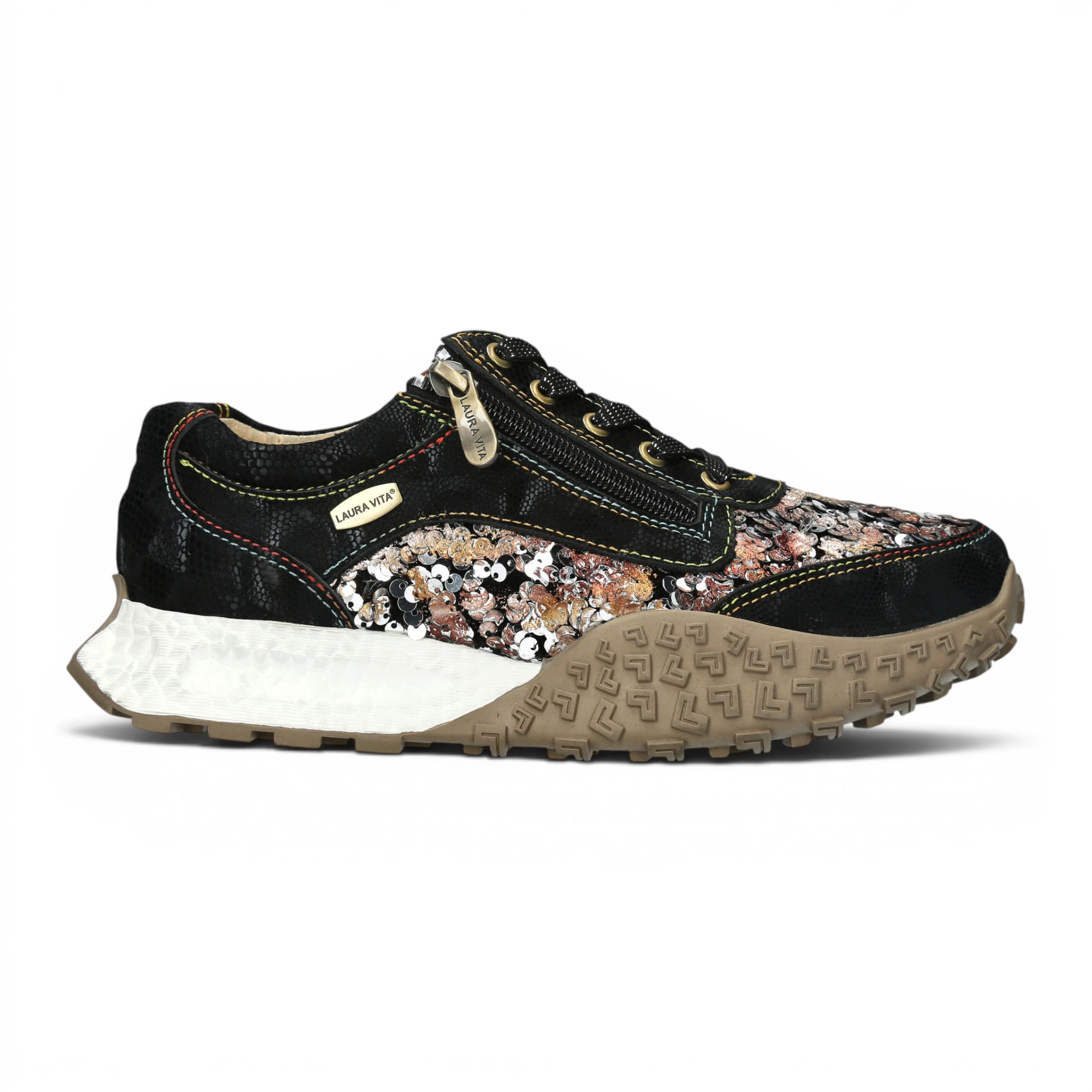 Laura Vita Damen-Schwarze Leder-Sneakerschuhe mit Blumen – Evitao-03
