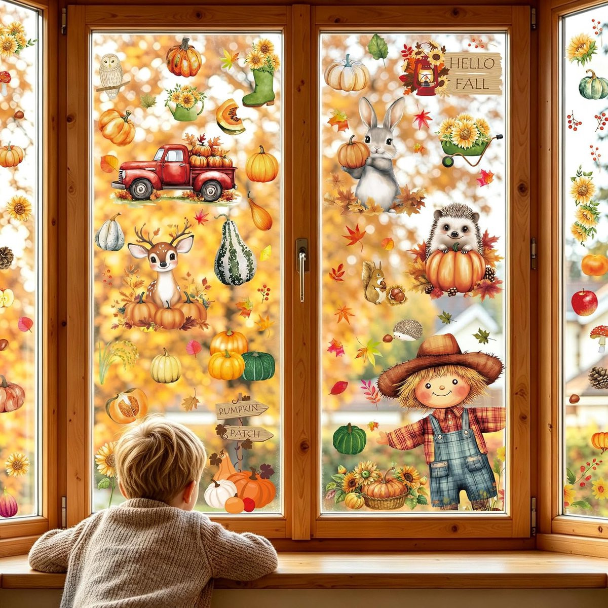 9 Stuks Herfst Raamstickers met Esdoornbladeren, Pompoen en Dieren - Herbruikbare Decoratie voor Thanksgiving en Halloween voor de Kinderkamer