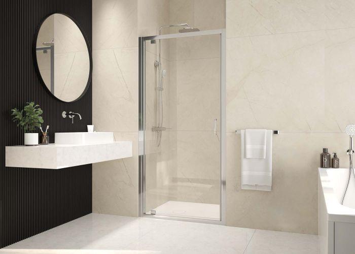 LEDA Schwenkbare Tür Vista 100 Vt, 190 cm hoch, Transparent, Hochglanz-Silber mit Profil