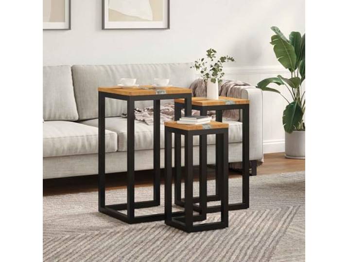 WXGTBKPR Nestingtisch 3er Set Teakholz/Harz, Beistelltisch modern Platzsparend ineinanderschiebbar, Einzigartige Oberfläche mit Glas, Stabil