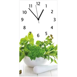 Wallario Uhr 30 x 30 cm, weiße Zeiger Welt der Kräuter - verschiedene Kräuter in einem weißen Mörser