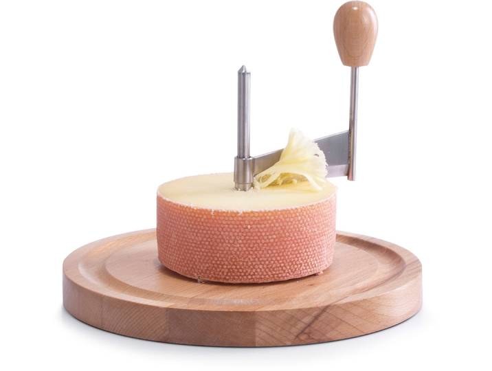 Käsebrett ZELLER PRESENT, braun, H:15cm Ø:22cm, Edelstahl, Massivholz, Schneidebretter, Käsebrett, Klinge hobelt hauchdünne Röschen