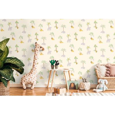 Vliestapete LIVING WALLS "Kids Studio Safari – Tier Vliestapete für Kinder", beige (weiß), B:0,53m H:0m L:10,05m, Vinyl, Vlies, Tapeten, Safari-Tiere mit Elefanten, Tigern und Palmen