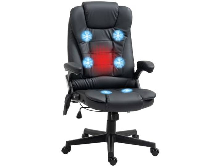 HOMCOM Fauteuil de Bureau Massant Chauffant Électrique Ergonomique Noir Fauteuil Bureau Ergonomique\, Revêtement Synthétique