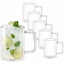 Wilmax England Wilmax Doppelwandiger Thermoglas-Becher mit Henkel – 400 ml (13 fl oz), 6er Set