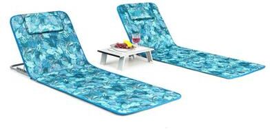 Costway 3 Pieces Beach Lounge Chair Mat Set 2 Adjustable Lounge Chairs with Table Stripe-Green