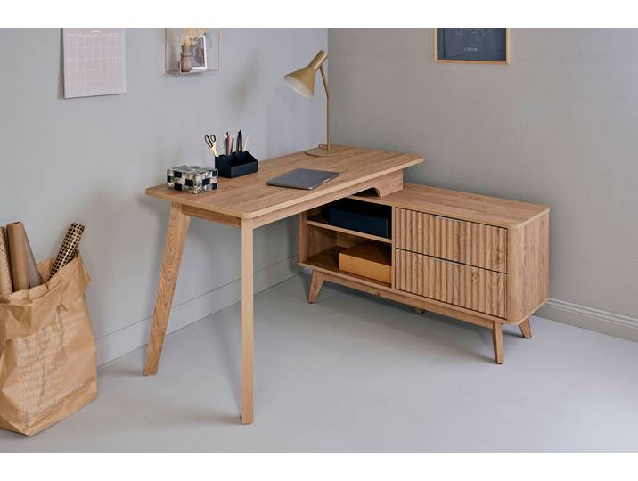 Eckschreibtisch JAHNKE WAVE C 150 E , braun (montana eiche, montana eiche, montana eiche), B:140cm H:76,2cm T:120cm, Tische, Eckschreibtisch, Eckschreibtisch, Fronten in Wellendesign, wechselseitig montierbar
