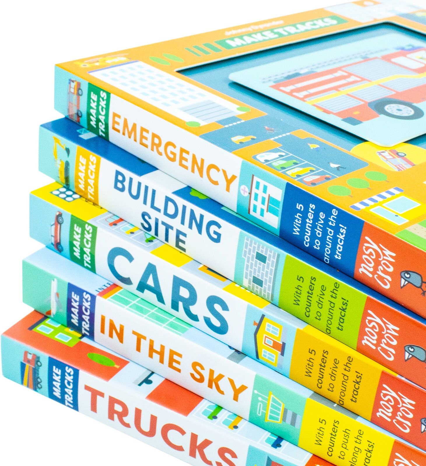 Nosy Crow Make Tracks Series 5 Books Collection Set (Emergency, Building Site, Cars, In The Sky, Trucks)