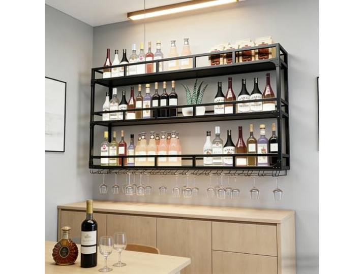 amhricho Weinregal Wand, 3 Ebenen Wand-Weinregale mit Glashalter, Multi funktionaler Weinpareite Display Rack,Weinflaschenhalter Wandmontage, für Zuhause, Bar, Küche, Restaurant (BLACK, 150*25*90cm)