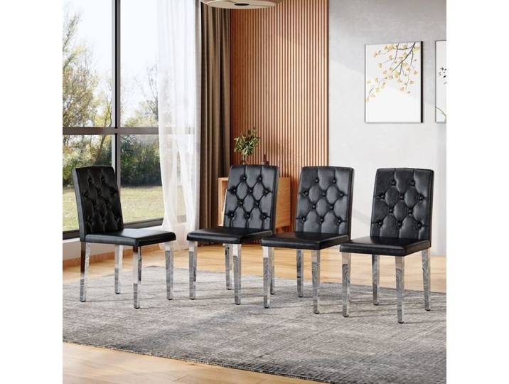 Lot de 4 chaises de salle à manger en simili cuir et métal avec dossier matelassé style moderne noir et argent