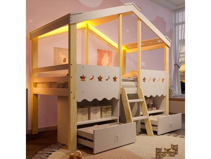 Lit mi-hauteur 90×200 cm blanc naturel forme maison 2 tiroirs bande LED
