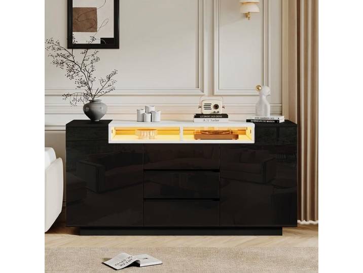 Buffet LED 140cm Noir laqué 2 portes 3 tiroirs Bahut moderne rangement salon Norevia