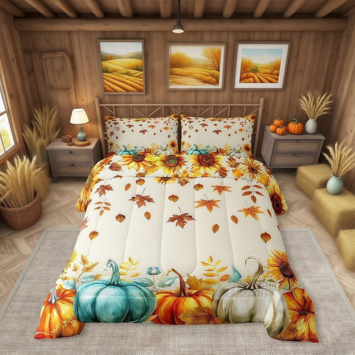 Dekbedovertrek Set met Herfst Decoratie in Rustieke Boerderij Stijl, Patroon 104, Full Maat