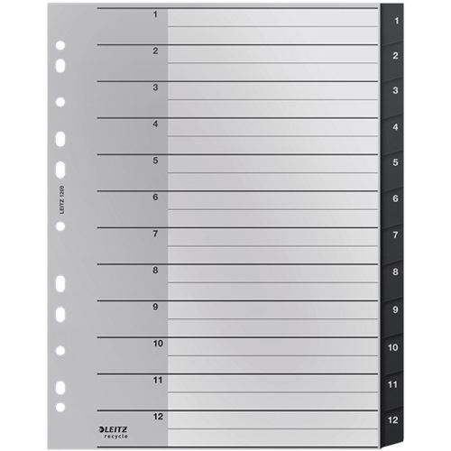 LEITZ Ordnerregister recycle 1209 Vollformat, Überbreite 1-12 schwarz 12-teilig, 1 Satz