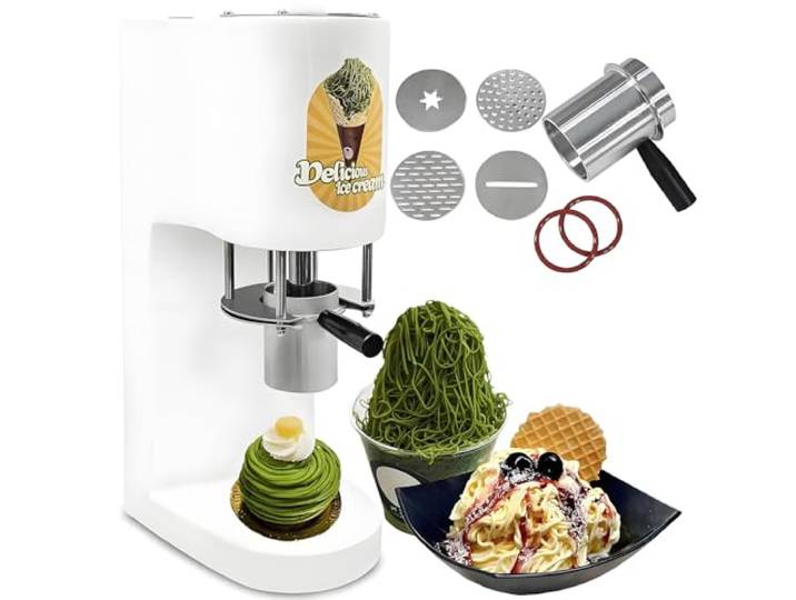 YANDDEA Spaghetti-Eispresse mit Mehreren Formen und 4 austauschbaren Formen, 420-ml-Trichter/Edelstahl/1-Knopf-Start, 80-W-Gewerbe-Gelato-Maker für Gelato- und Eisdielen White