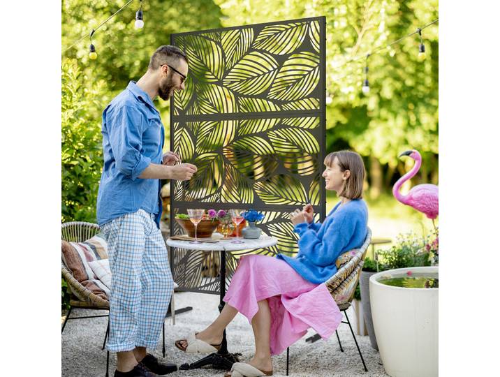 Outsunny Paravent Extérieur Acier Noir Motif Végétal 122x45x198 cm