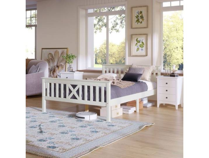Lit simple en bois massif - AUTREMENT - 140 x 200 cm - Tête de lit en X - Avec tiroirs - Blanc