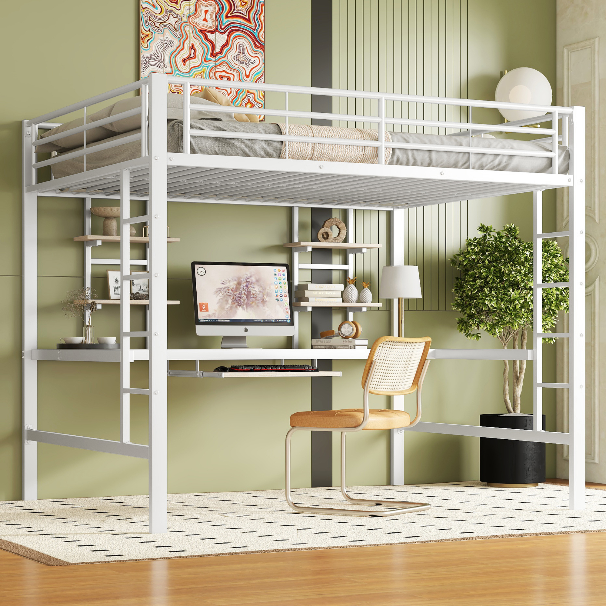 AIORBER Etagenbett, 140x200 cm, mit Treppe, Stahlrahmen, belastbar, mit Schreibtisch und zwei Bücherregalen, für Schlafräume, Schlafsäle, Weiß