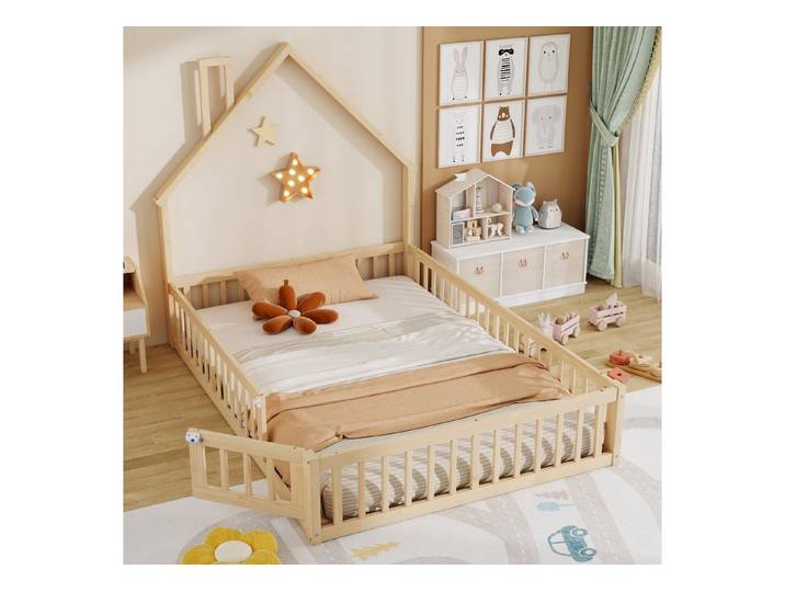 Flieks Kinderbett, Massivholzbett 140x200cm mit Schornsteinform und Lattenrost