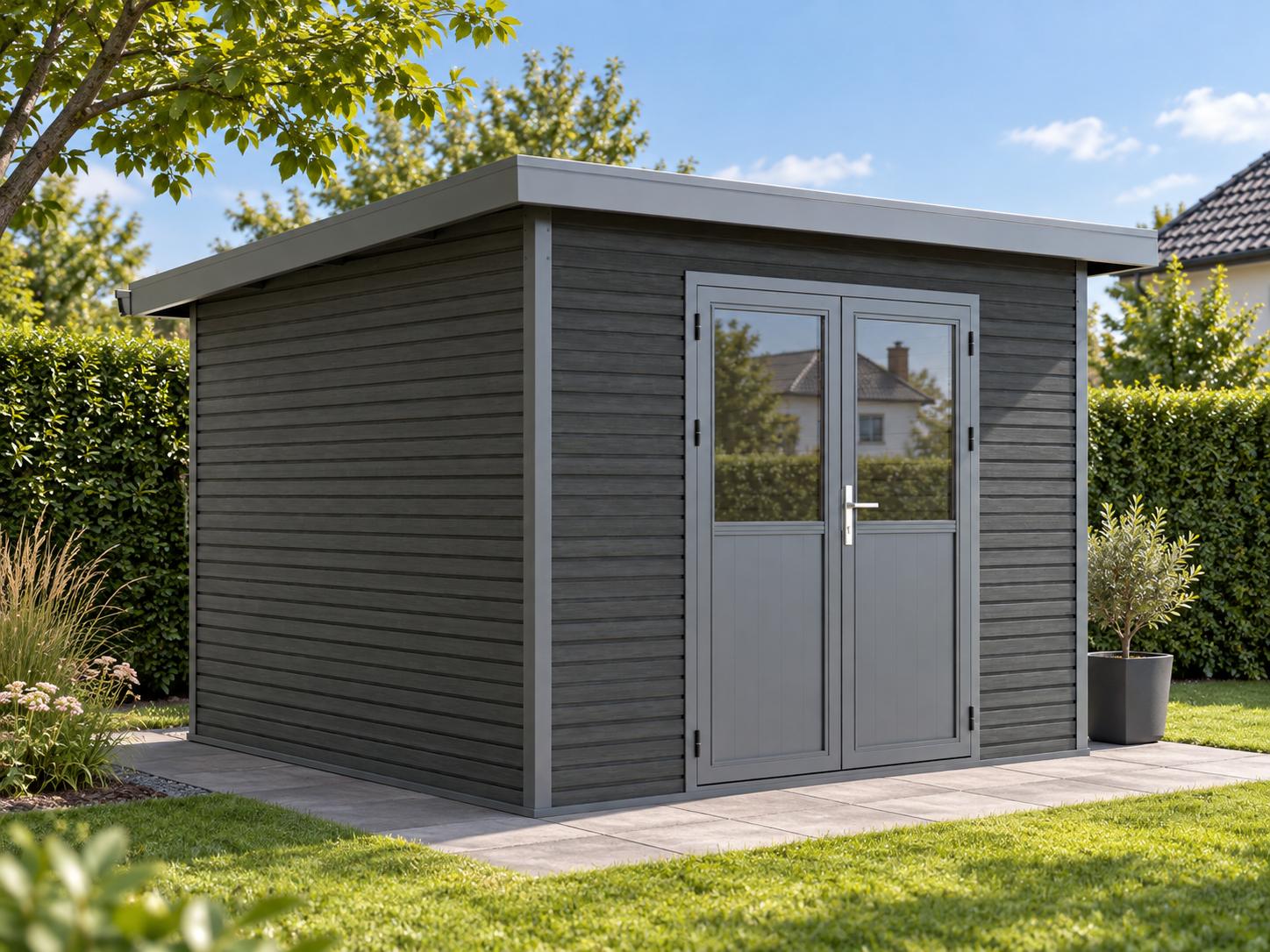 Linholm WPC Gartenhaus Linia 2828 inkl. Dachrinnen-Set, 2-farbig in Grau/Anthrazit