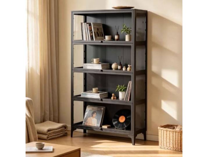 Gavoir Vitrinenschrank Schwarz Metall Glas Stahl Wohnzimmer 4-Lagen 32x78x165cm Glasvitrine Stehend Sammlervitrine