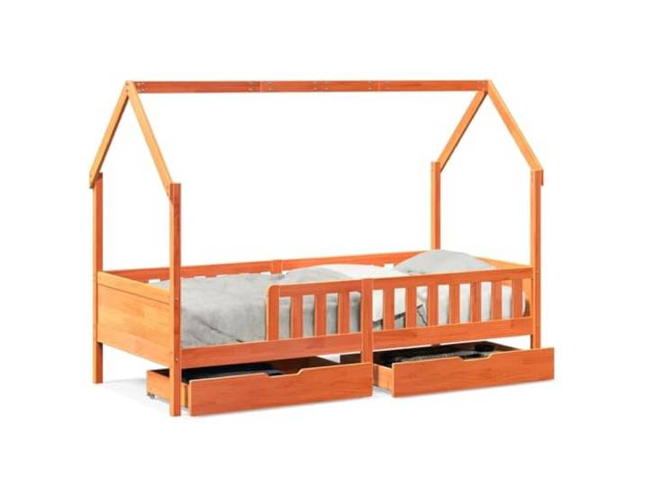 PUGYNBK Kinderbettgestell aus Kiefernholz, 90 x 200 cm Design Haus, Sicherheitsgeländer, Schublade mit Rollen, Lattenrost im Lieferumfang enthalten