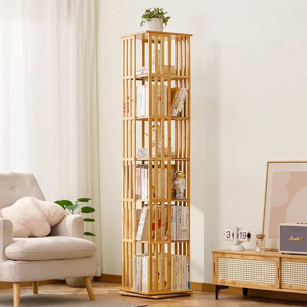 Draaibare Boekenkast Opbergtoren met 5 Lagen in Natuurlijk Design