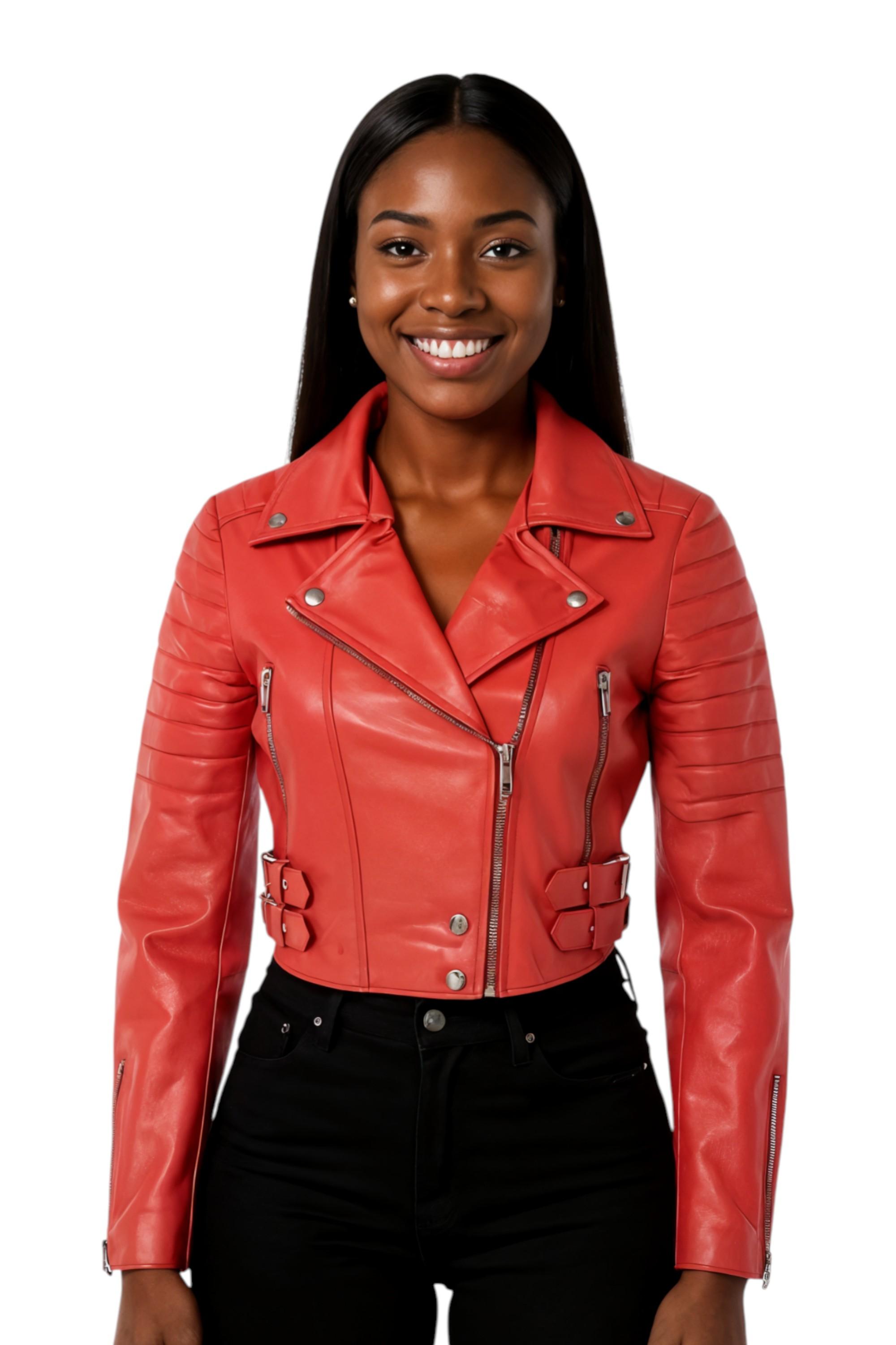 Dames rode cropped Brando leren bikerjack - Bellville
