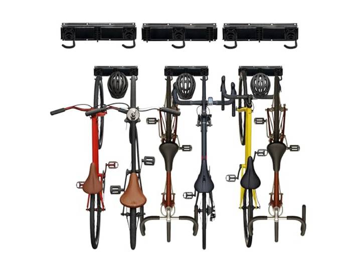 Relaxdays Support mural pour vélos\, 4 vélos et casques\, vertical\, rails avec crochets ajustables\, noir