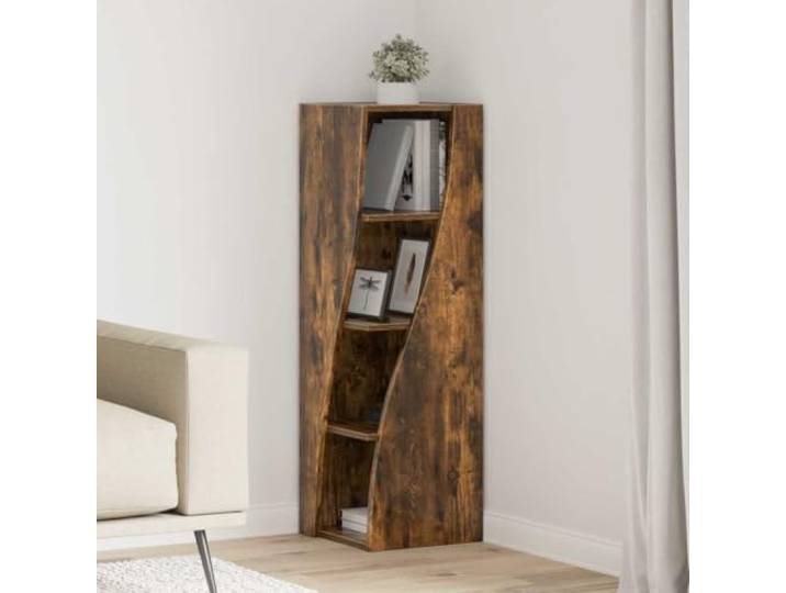 Molumvel Eckschrank in Geräucherte Eiche 32x32x102cm - Raumsparendes Regal mit 4 Fächern für Wohnzimmer und Flur