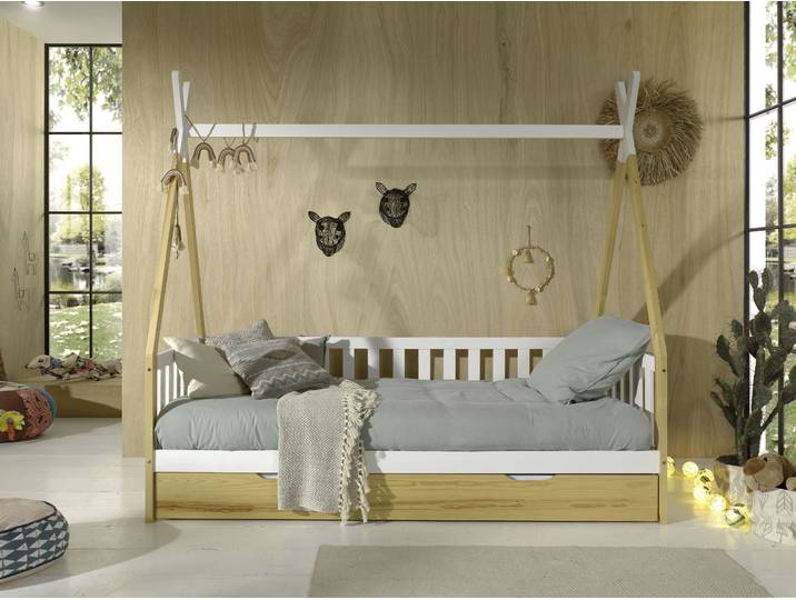 Kinderbett VIPACK Tipi, mit Querstange in Zelt-Optik, Kiefer massiv , weiß (natur, weiß), B:96cm H:185,1cm L:206cm, Betten, Kinderbett, inklusive Rolllattenrost und wahlweise mit Bettschublade